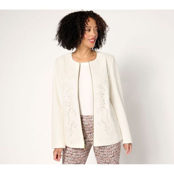 Susan Graver Women's Petite Jacket PXL Faux Leather with Laser Cut White A673402 - Picture 1 of 4